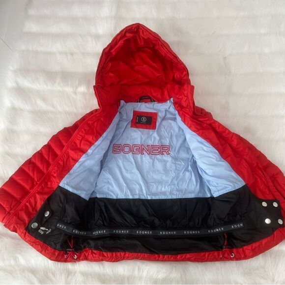 Bogner Kids Orange Red Down Ski Jacket with Hoodie (M) - Picture 6 of 10